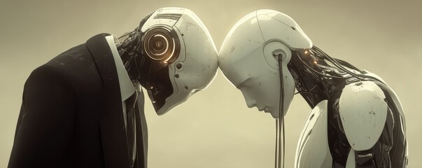 Robot and human business partners share a moment of collaboration and unity