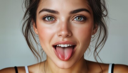 A woman is facing the camera with a playful expression. She is showing her tongue and smiling. The setting is bright with natural light, highlighting her features and casual style.