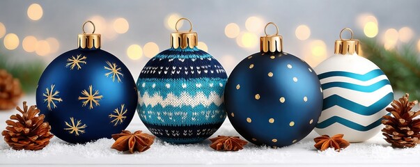Christmas blue ornament collection on a snowy table with pinecones and festive lights glittering