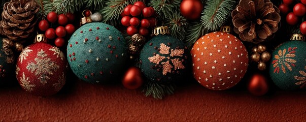 Festive Christmas ornaments lined up on a warm pine background with glitter and holiday mood