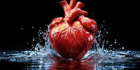 Red Anatomical Human Heart on Black Water