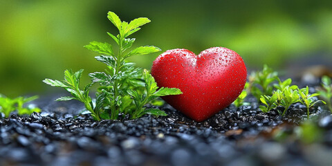 Red Heart on Green Grass with Flowers