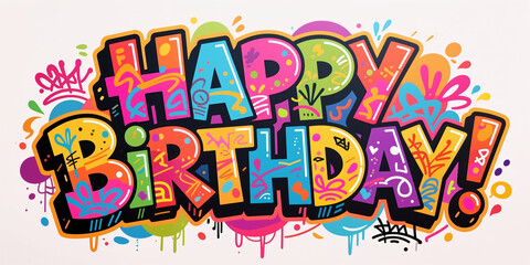 Naklejka premium Graffiti style illustration for a birthday celebration, featuring colorful letters and splatters on a light beige background, perfect for a fun and playful holiday card.