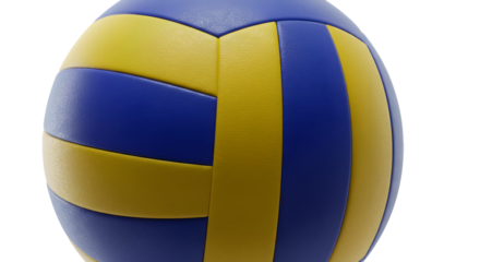 Volleyball ball with blue and yellow stripes, isolated on transparent background.