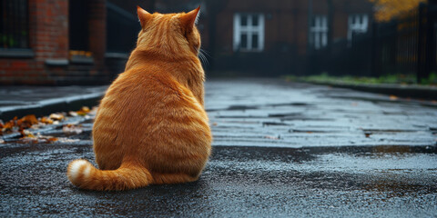 Ginger Cat Sitting on Wet Urban Street