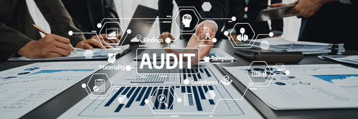 A professional business audit scene showcasing detailed financial reports and data analysis in a modern office. Focus on collaboration and data-driven decision-making. Amity