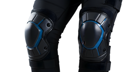 Knee pads for skating and sports protection, black with blue accents isolated on transparent background.