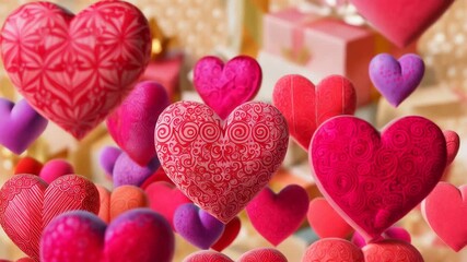 Floating colorful hearts against gift box background in romantic decorative setting