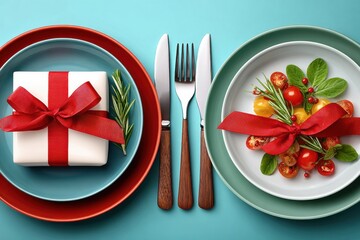 Gift on a colorful table setting with a wrapped present, plates, and festive sprigs