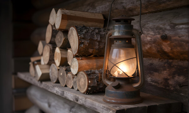 A warm and cozy log cabin scene features a rusted kerosene lantern on a wooden shelf with neatly stacked logs.