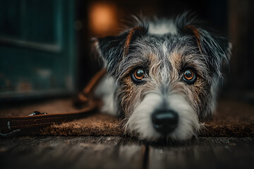 Adorable Jack Russell Terrier holding a leather leash in its mouth, looking up with eager eyes, ready for a walk on a doormat background.
