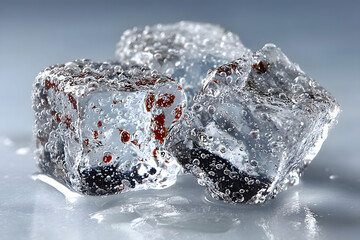 Close-up of three ice cubes with berries frozen inside, covered in sparkling bubbles, on a glossy surface with soft lighting.
