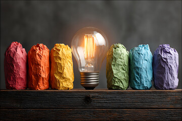 Lit lightbulb surrounded by colorful crumpled paper balls on a wooden surface, symbolizing creativity, innovation, and bright ideas.

