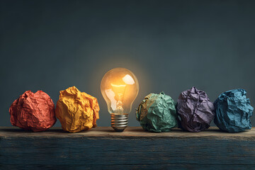 Lit lightbulb surrounded by colorful crumpled paper balls on a wooden surface, symbolizing creativity, innovation, and bright ideas.

