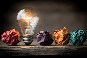 Lit lightbulb surrounded by colorful crumpled paper balls on a wooden surface, symbolizing creativity, innovation, and bright ideas.
