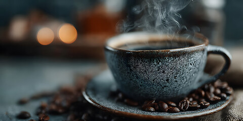 Steaming cup of black coffee in a rustic ceramic mug with roasted coffee beans on the saucer, set against a cozy blurred background.

