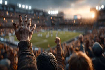 Excited crowd cheering at a soccer match in a stadium under dramatic lighting, with a raised muddy hand in the foreground showing raw emotion and passion.
