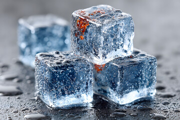 Close-up of three ice cubes with berries frozen inside, covered in sparkling bubbles, on a glossy surface with soft lighting.
