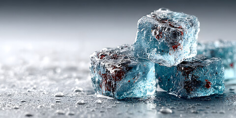 Close-up of three ice cubes with berries frozen inside, covered in sparkling bubbles, on a glossy surface with soft lighting.
