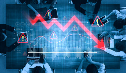 Economic caution visualized with fluctuating market graph, alert symbols, and negative data trends. Represents financial risk, market volatility, and economic uncertainty. Spline