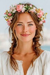 Naklejka premium Young woman wearing a spring floral crown, soft makeup, and cozy sweater portrait studio shot