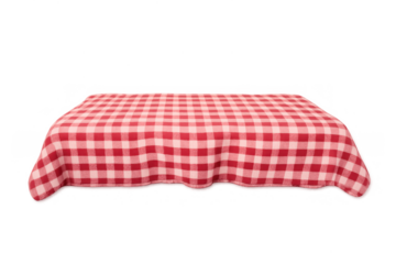 Red and white checkered tablecloth draping over an invisible table, ready for a picnic, dining, or kitchen setting