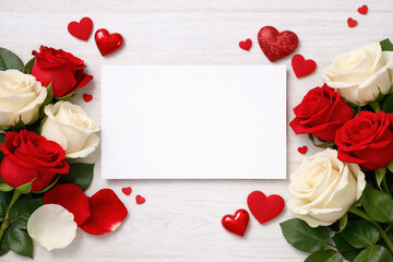 Blank greeting card framed by red and white roses with floating hearts on a soft background, elegant Valentine&rsquo;s Day floral concept with copy space.