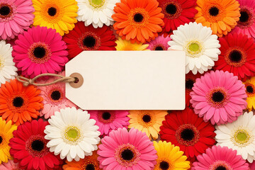 Blank paper tag surrounded by colorful gerbera flowers on a bright background, cheerful floral composition with copy space for greeting, sale, or message design.