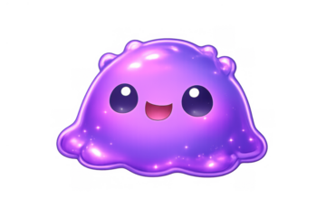 Purple happy slime monster blob character design with glitter and sparkle, cute kawaii game asset, transparent background