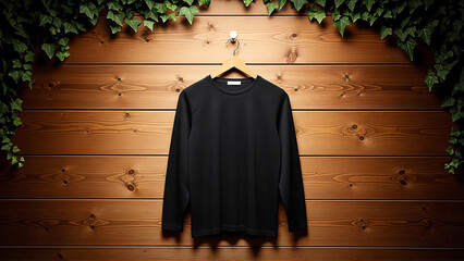 Black sweater hanging on wooden wall with green leaves.