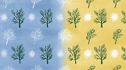 nature folk art pattern, a smooth, flowing folk art pattern with alternating bare trees on frosty blue and green sprigs and suns on yellow muted colors and watercolor texture add depth
