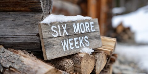 seasonal weather predictions, a handcrafted cardboard sign reading six more weeks in front of a snow-covered log cabin with firewood