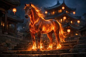 Chinese New Year 2026 concept featuring a glowing fiery horse standing on ancient temple stairs at night, symbolizing power, luck, and renewal.