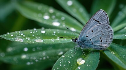 Fototapeta premium Silvery Blue Butterfly Closeup on Dew Covered Lupine Leaf