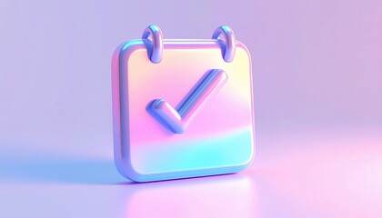 3D-rendered, glossy, iridescent calendar with a checkmark, set against a gradient background