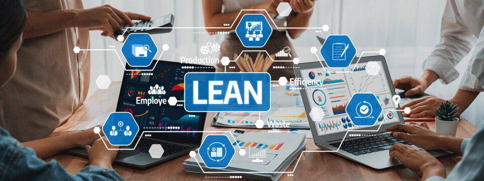 Panorama shot analyst team utilizing BI Fintech to analyze financial report with laptop. Businesspeople analyzing BI power dashboard displayed on laptop screen for business insight. Scrutinize Amity - Powered by Adobe