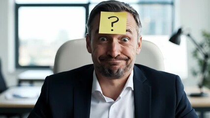 Confused businessman with a question mark sticky note on his forehead. Funny portrait of a puzzled man thinking in an office. Humor and uncertainty concept