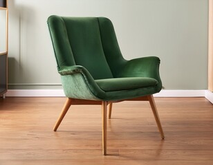 mid century retro furniture with functional modern green upholstered armchair with wooden legs featuring a curved backrest and a comfortable cushion