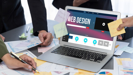 Analyst team use sticky note for creative and analytic brainstorm for business idea with BI data dashboard on laptop screen. Analysis financial data visualization tech for marketing strategy. Prodigy