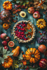 Autumnal table setting with pumpkin pie, mini pumpkins, flowers, and leaves, perfect for festive and seasonal themes.