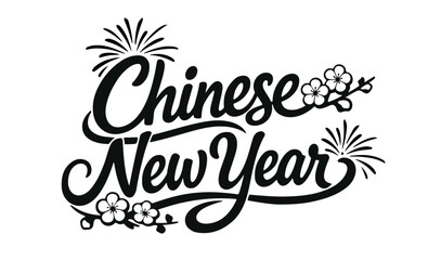 Happy Chinese New Year logo with elegant cherry blossoms and fireworks ornaments on transparent background