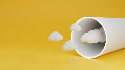 White cylindrical tube with fluffy clouds emerging from opening on yellow background. Creative concept representing ideas and imagination flowing out.