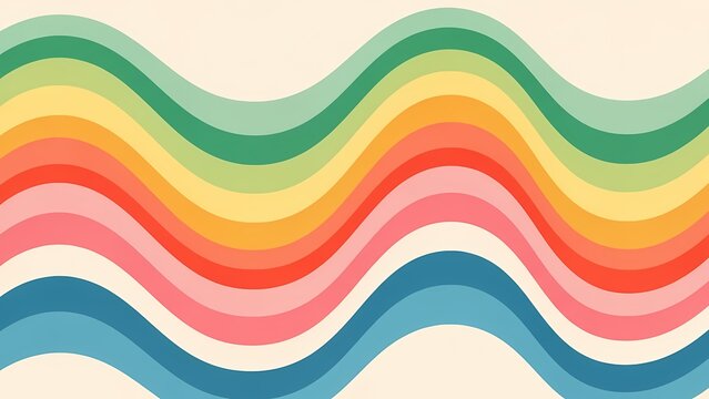 Retro style wavy pattern with vibrant rainbow colors flowing horizontally. Groovy vintage abstract design with smooth gradient waves.