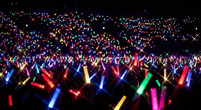 ライブ会場で輝くカラフルなペンライトの海　生成AI