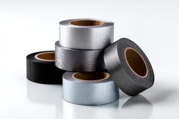 Silver, black, and gray duct tape rolls stacked on white surface