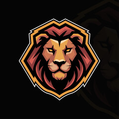 Fierce Lion Mascot Logo for Esports and Gaming, Majestic Lion Head Vector Illustration on Shield, Powerful King Lion Animal Emblem for Sports Team, Modern Lion Mane Graphic Logo Design for Brand