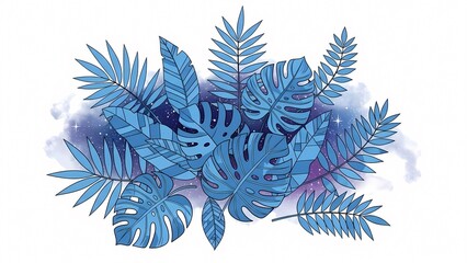 Tropical blue leaf arrangement with monstera and palm fronds against cloudy watercolor background. Botanical illustration with exotic foliage.