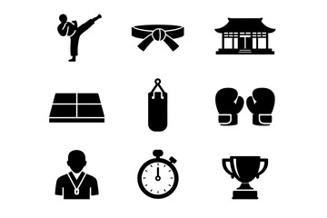 Martial arts icons: silhouette set featuring karate, boxing, and training equipment