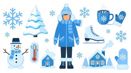 Winter holiday icon collection featuring snowman thermometer ice skate house and seasonal elements in blue color scheme