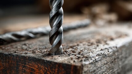 Metal Drill Bit Making Holes in Wooden Plank